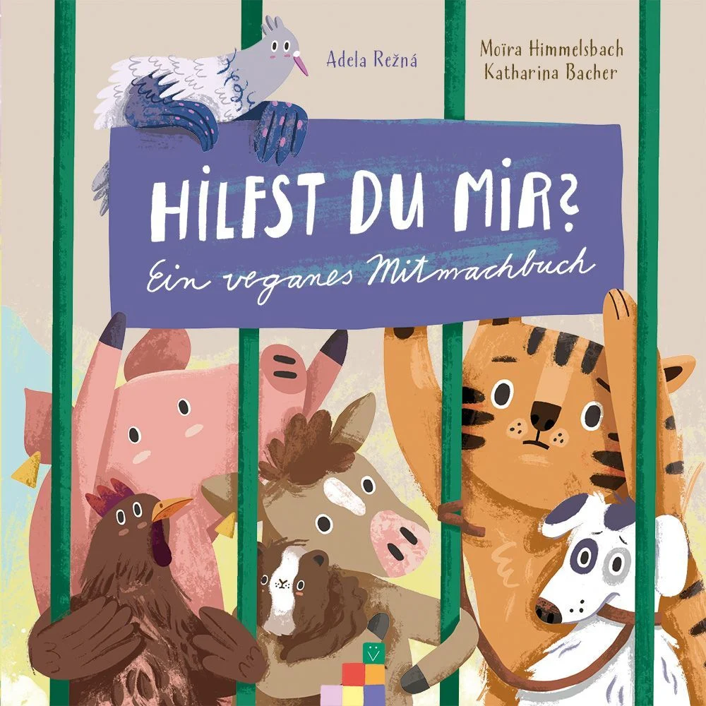 Cover von Hilfst du mir? – Ein veganes Mitmachbuch mit Tieren hinter geöffneten Käfigstäben